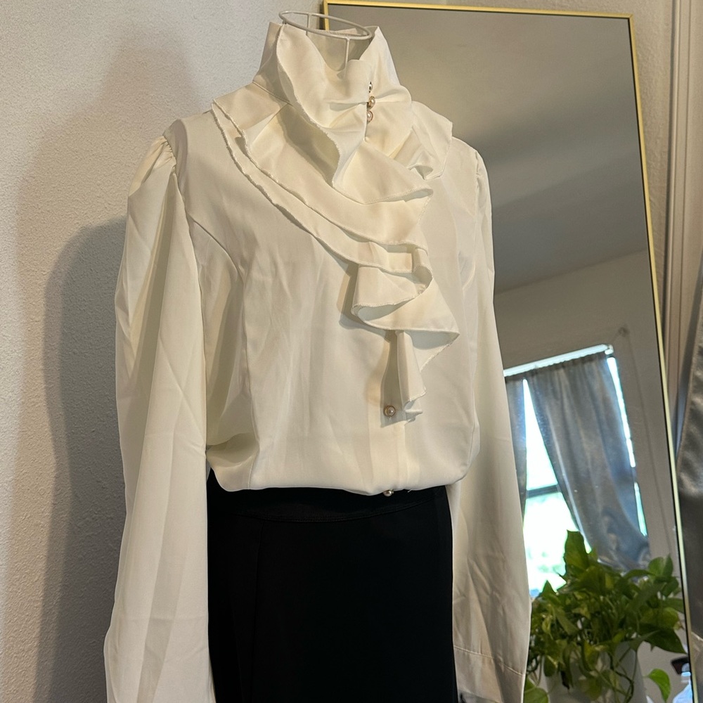White Ruffled Long Sleeve Bib Collar Blouse